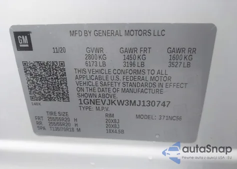 2021 Chevrolet Traverse Awd Rs z USA, uszkodzony, nr VIN 1GNEVJKW3MJ130747